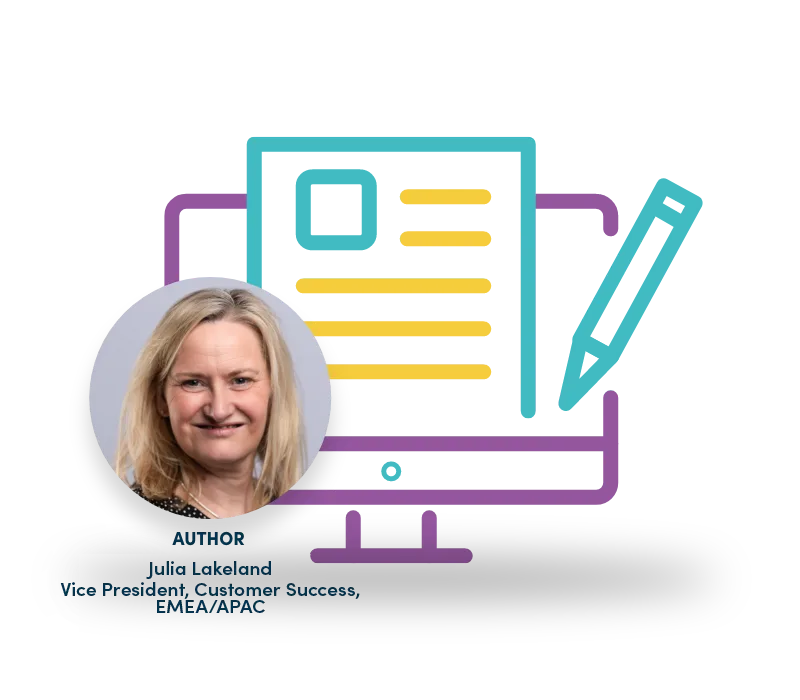 uMotif blog author graphic with Julia Lakeland, Vice President, Customer Success, EMEA/APAC, beside a document-and-pencil illustration.