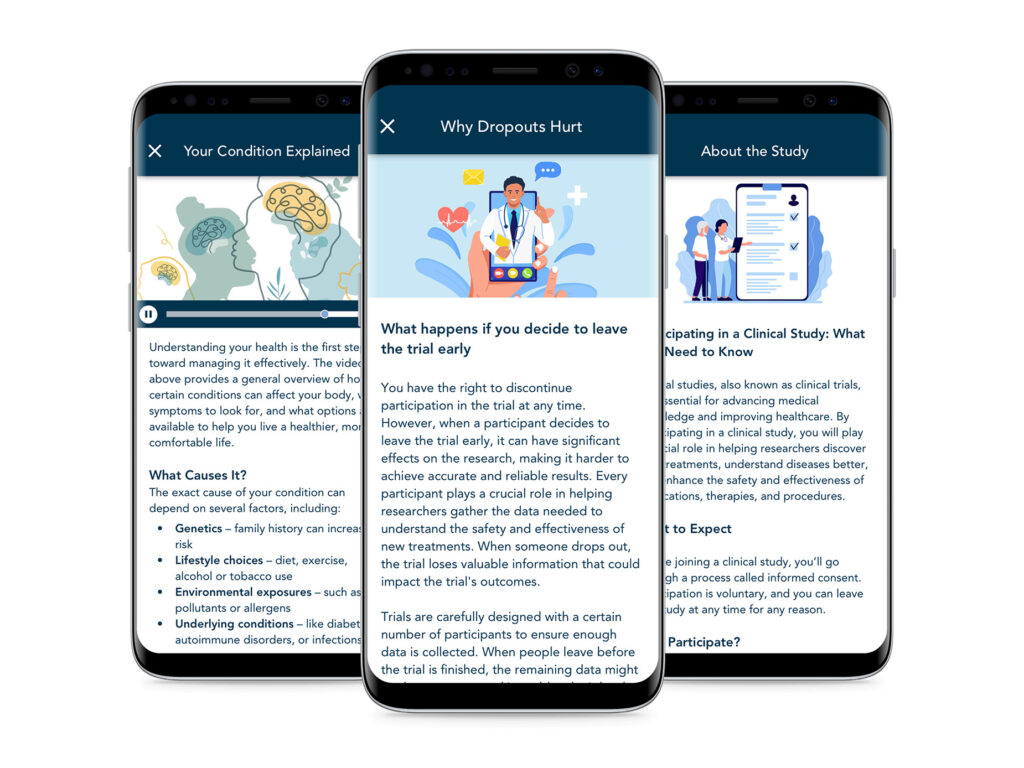 Three side-by-side phone screens displaying patient education pages. Left: “Your Condition Explained” with a brain-silhouette video player and explanatory text. Center: “Why Dropouts Hurt” with an illustration of a doctor on a tablet and text about the impact of leaving a trial early. Right: “About the Study” with an illustration of people reviewing a checklist and text on participating in clinical trials.