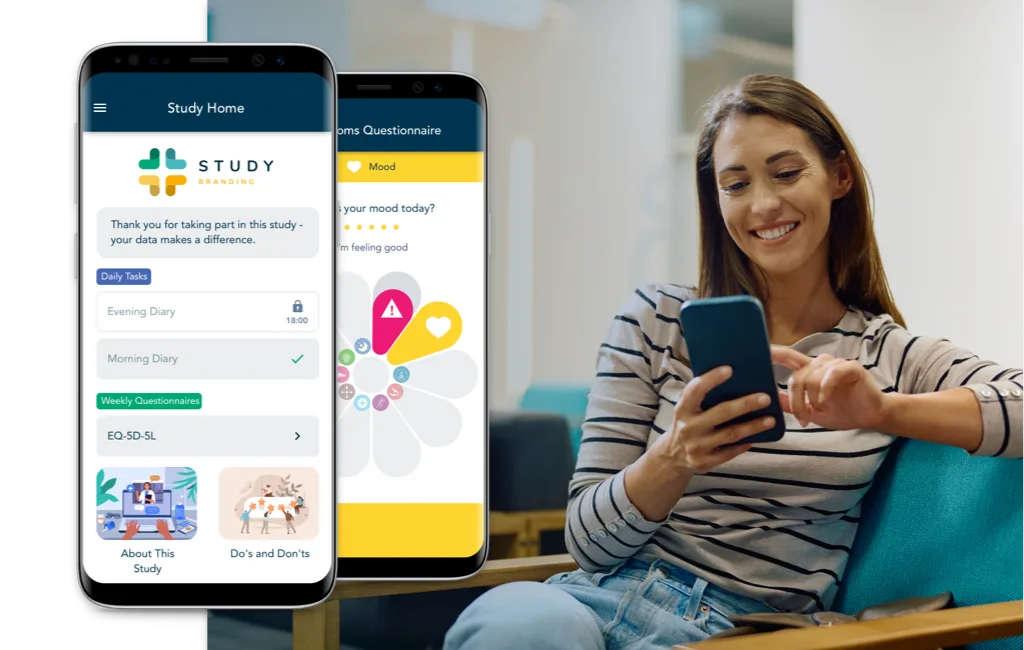 Smiling woman on a teal chair uses her phone; beside her, two smartphone mockups show a research study app with daily tasks and mood questionnaire—Morning/Evening Diary, EQ-5D-5L, and About/Do’s & Don’ts sections.
