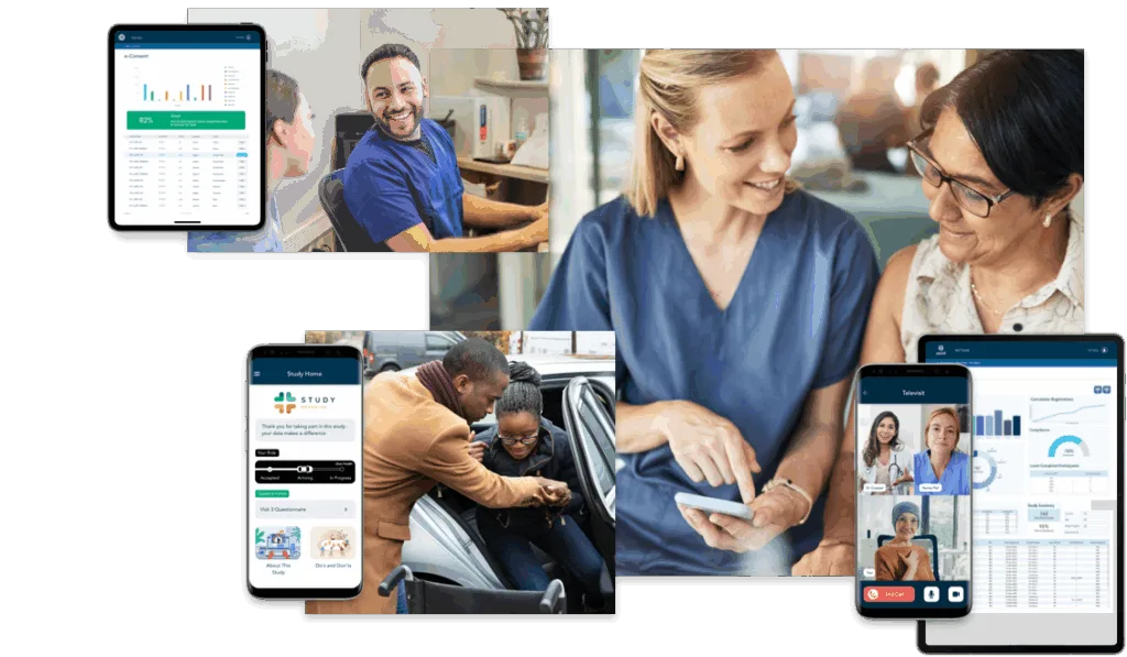 Collage of healthcare study tech and real-world use: a nurse helps an older woman with a phone, a caregiver assists a woman into a car, and nearby device screens show a study app home, a tele-visit video call, and a tablet dashboard with charts.