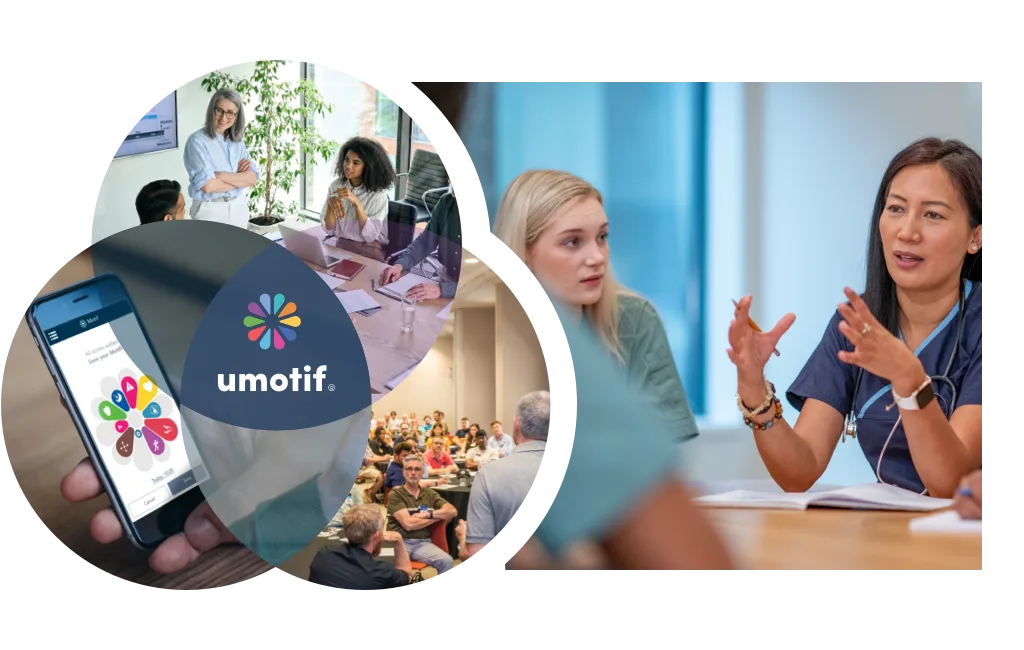 Overlapping circular collage: a hand holds a smartphone showing the uMotif petal diary, behind are meeting and seminar scenes, and on the right a clinician speaks with colleagues; uMotif logo centered.