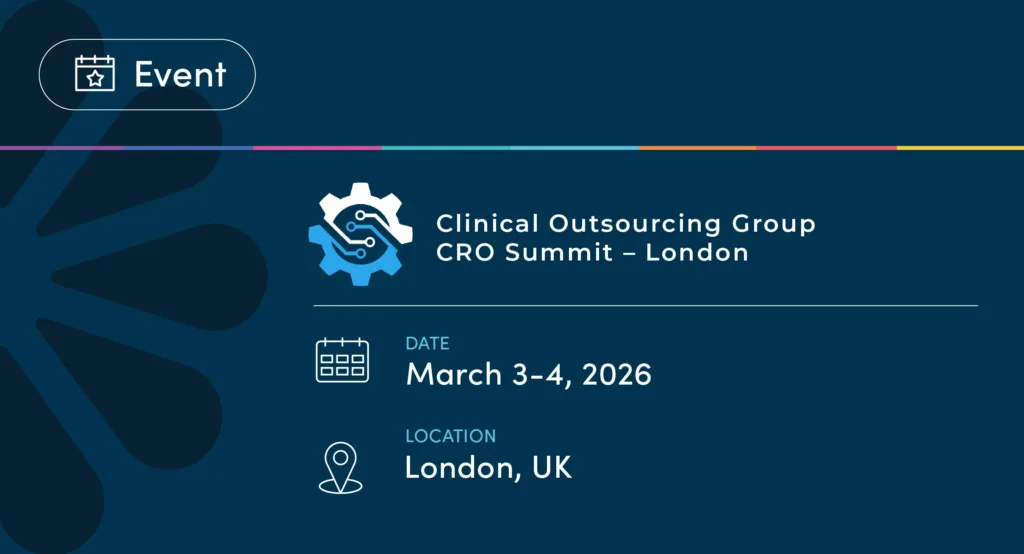 Graphic announcing the Clinical Outsourcing Group CRO Summit in London, featuring the uMotif branding. The top left shows a rounded button labeled Event with a calendar icon. Centered is the Clinical Outsourcing Group logo with a gear and circuit design, alongside the event title Clinical Outsourcing Group CRO Summit – London. Below, event details list the date as March 3–4, 2026, and the location as London, UK. The background is dark teal with abstract shapes and a thin multicolor line across the top.