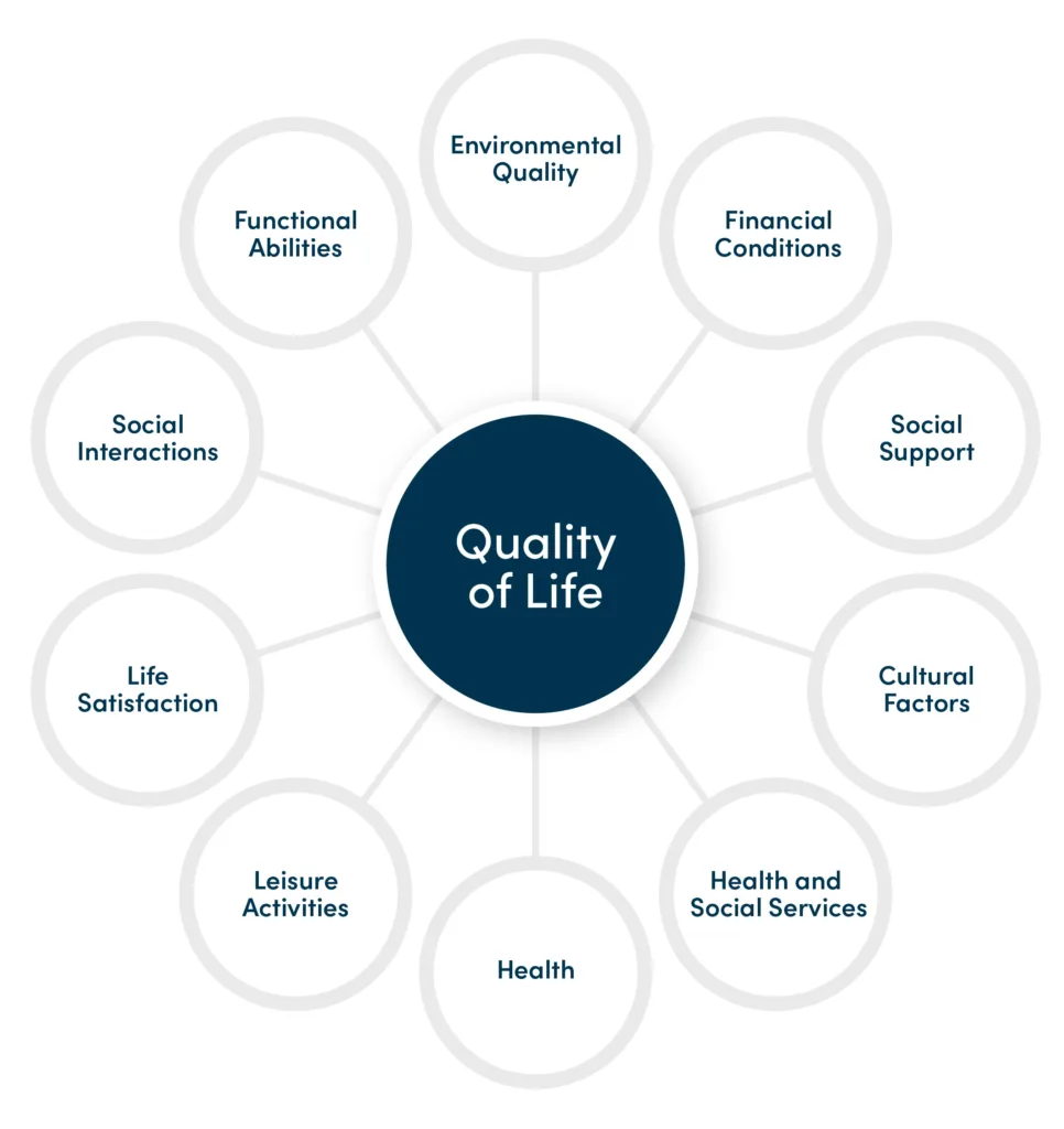A central dark blue circle labeled 'Quality of Life' is surrounded by ten smaller white circles connected by lines. The surrounding factors include: Environmental Quality, Financial Conditions, Social Support, Cultural Factors, Health and Social Services, Health, Leisure Activities, Life Satisfaction, Social Interactions, and Functional Abilities