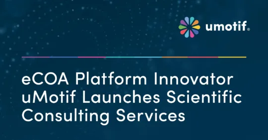 uMotif branded announcement graphic with dark blue background and colorful horizontal line accent reading: 
