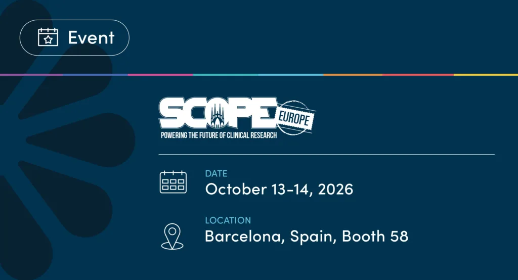 Event graphic: SCOPE Europe, Powering the Future of Clinical Research, October 13-14, 2026, Barcelona, Spain, Booth 58.